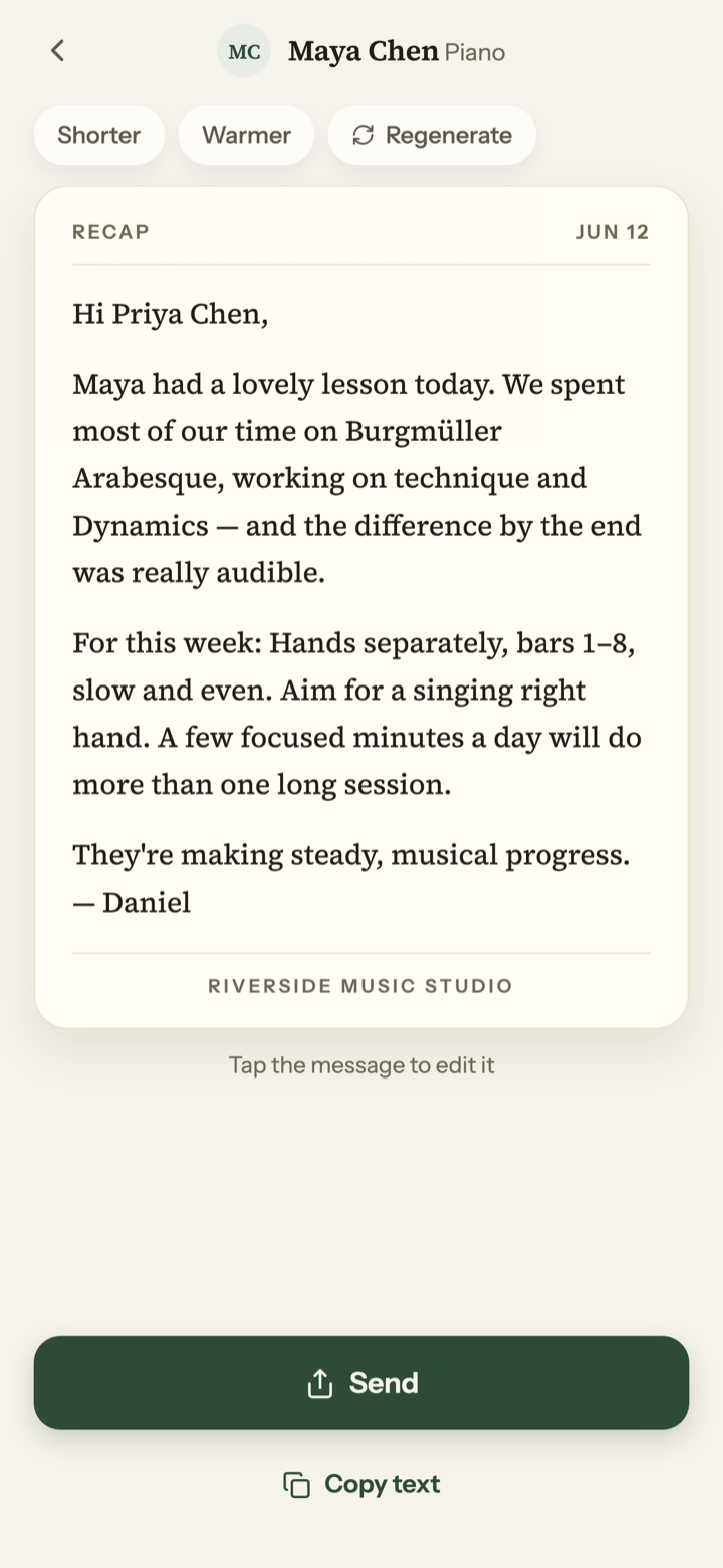 An AfterLesson recap addressed to a parent, ready to send