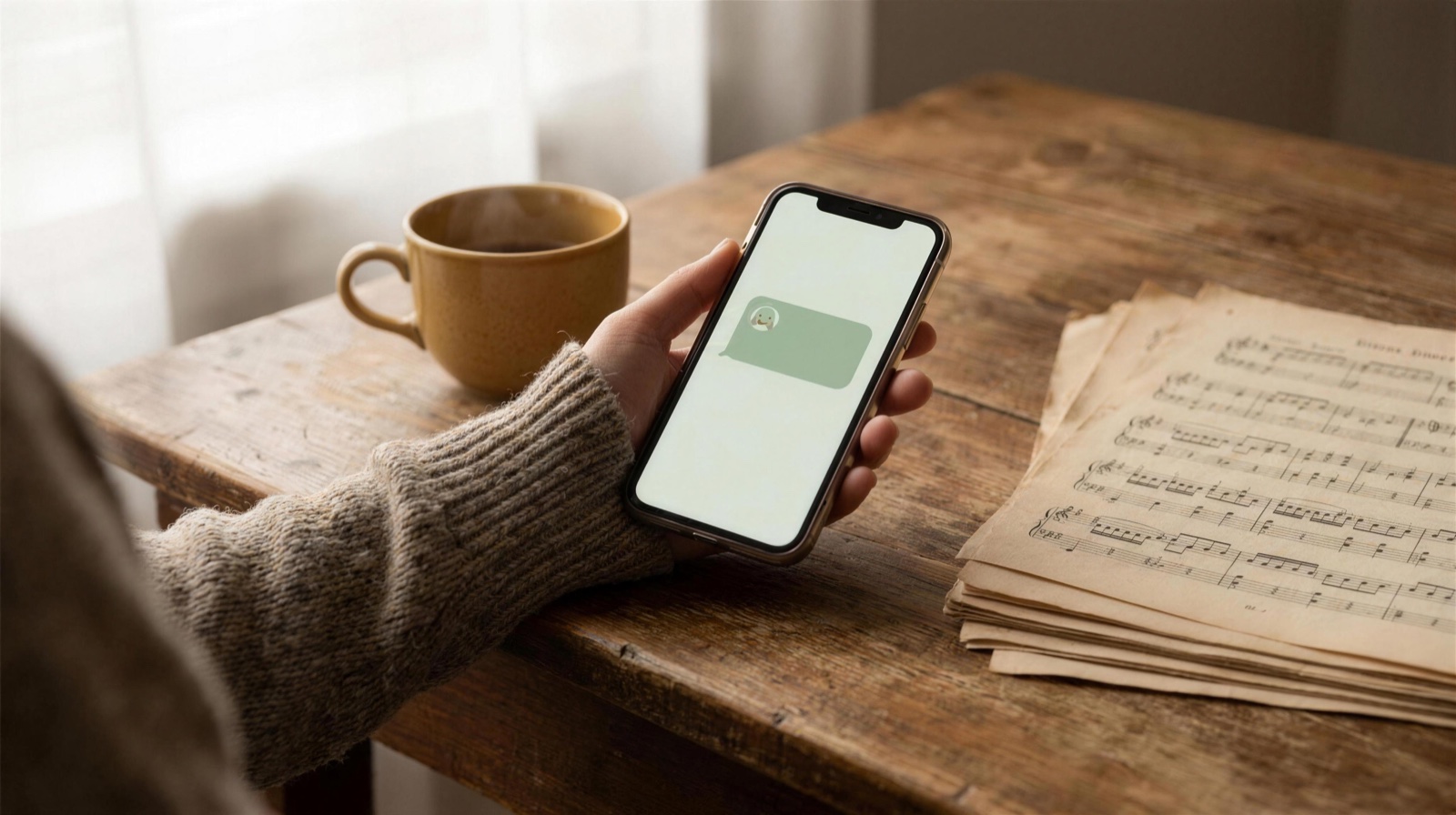 A hand holding a phone with a message beside sheet music and a cup of tea