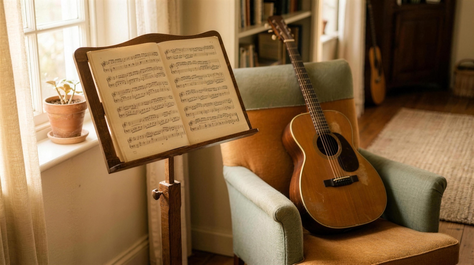 A music stand with open sheet music beside an acoustic guitar in warm light