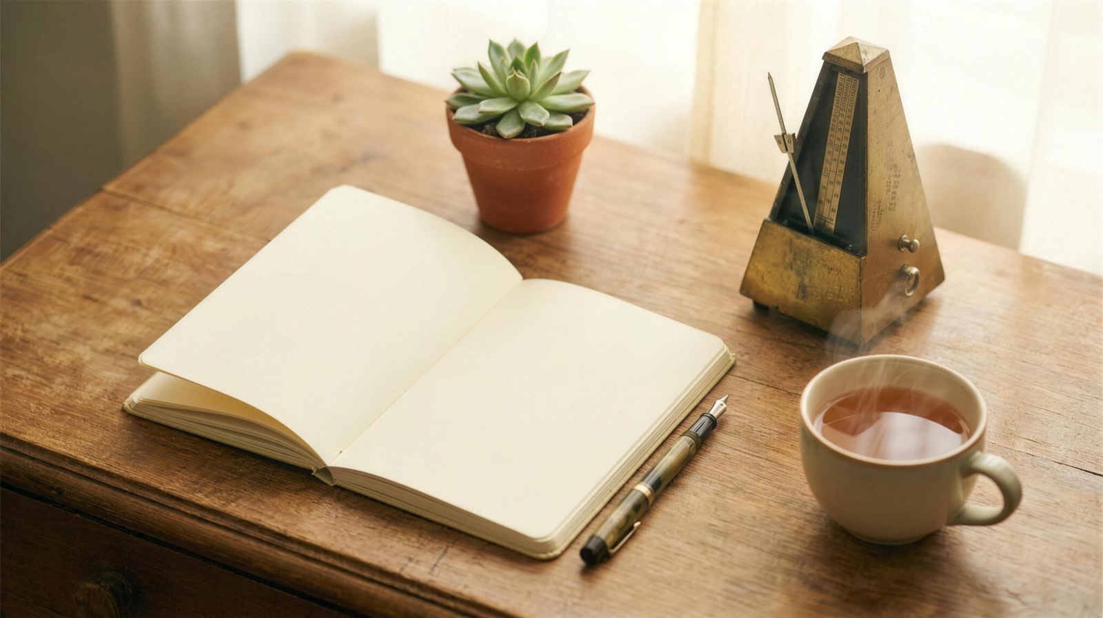 A music teacher's desk with a notebook, metronome and a cup of tea