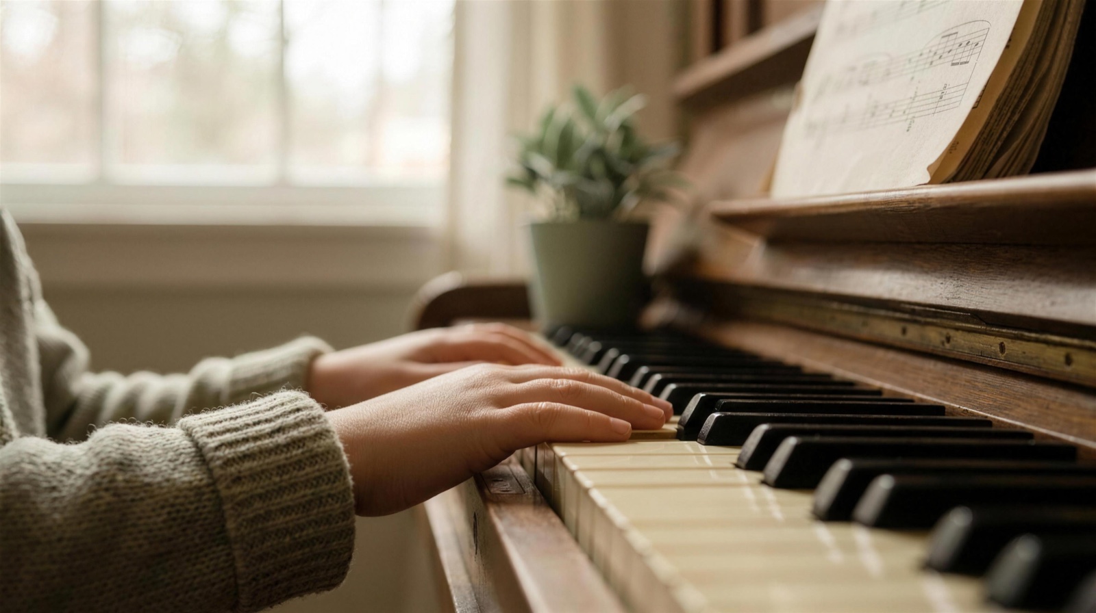 A child's hands resting on piano keys in soft window light