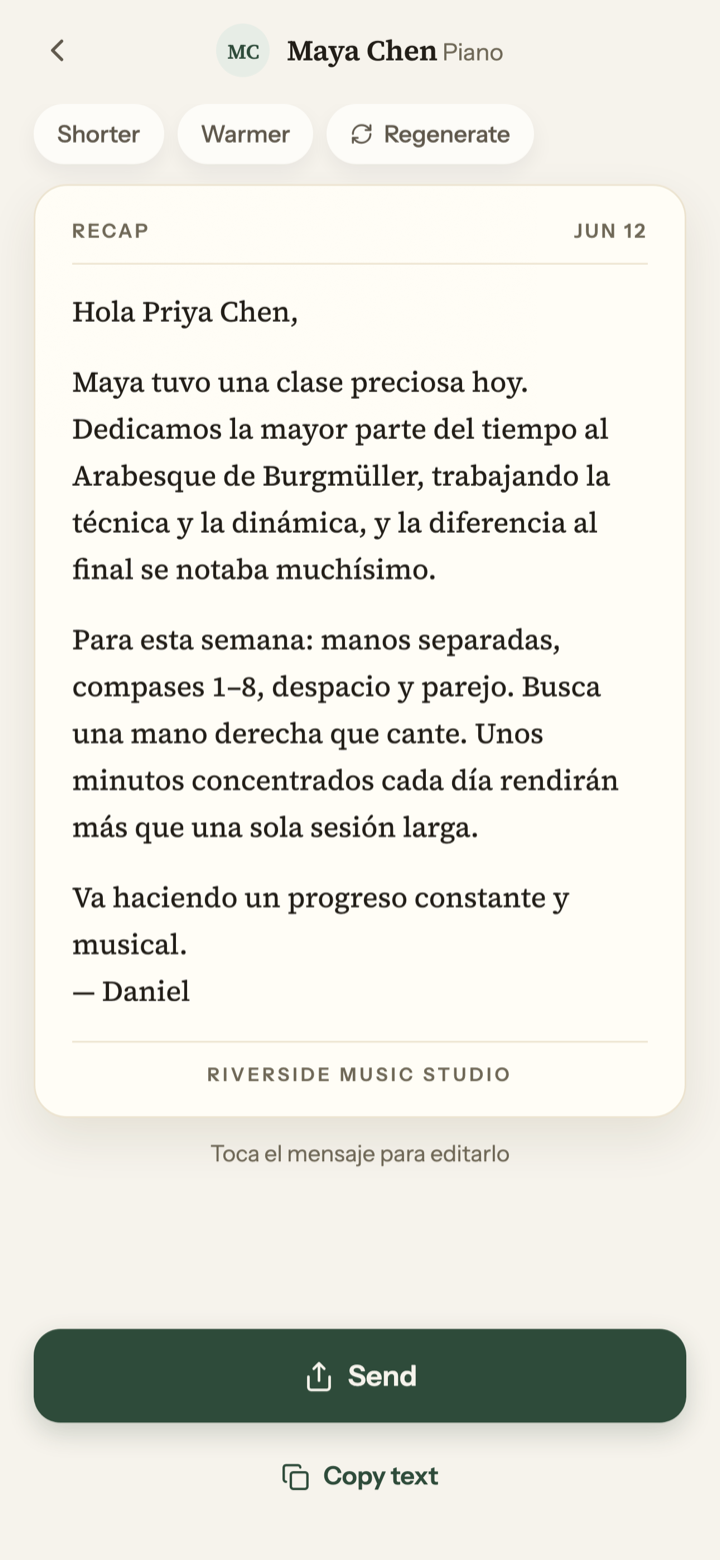 A recap generated in Spanish
